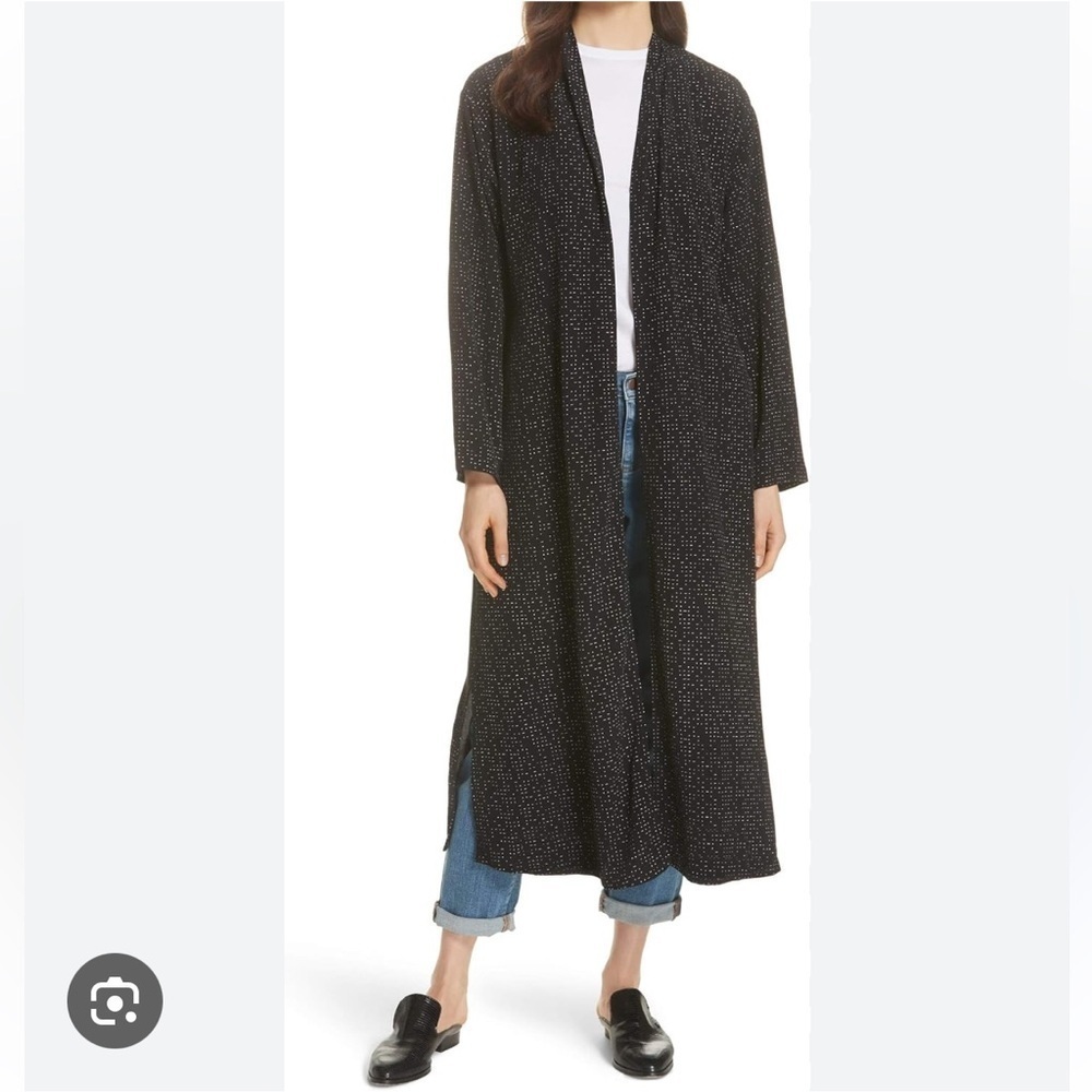 Eileen Fisher Black and White Speck Morse Code Duster Wrap Kimono Cardigan
